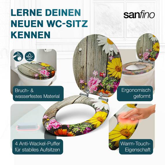 SANFINO® Premium WC Sitz mit Absenkautomatik – hochwertige Toilettendeckel aus Holz, viele bunte Motive, hoher Sitzkomfort, einfache Montage inklusive Montageanleitung – "Alp Meadow"