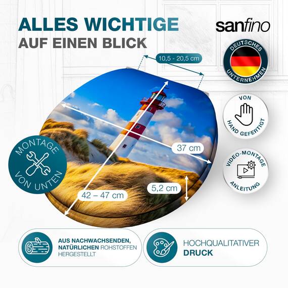 SANFINO® Premium WC Sitz mit Absenkautomatik – hochwertige Toilettendeckel aus Holz, viele bunte Motive, hoher Sitzkomfort, einfache Montage inklusive Montageanleitung – "Lighthouse"