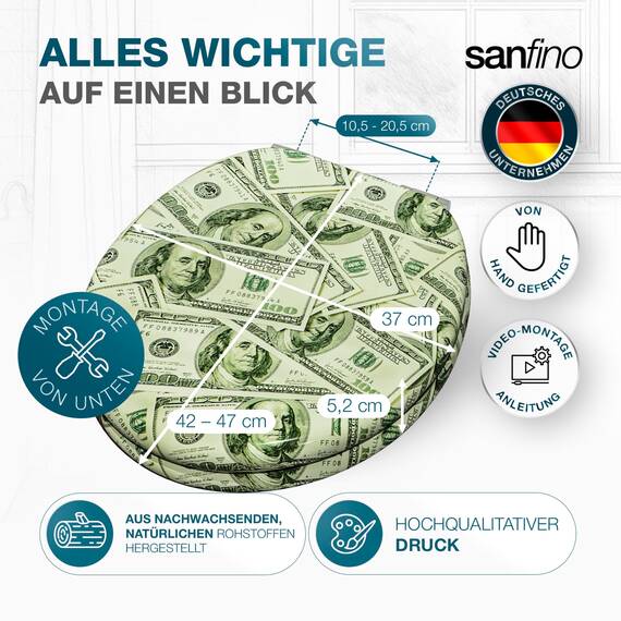 SANFINO® Premium WC Sitz mit Absenkautomatik – hochwertige Toilettendeckel aus Holz, viele bunte Motive, hoher Sitzkomfort, einfache Montage inklusive Montageanleitung – "Dollar ́s"