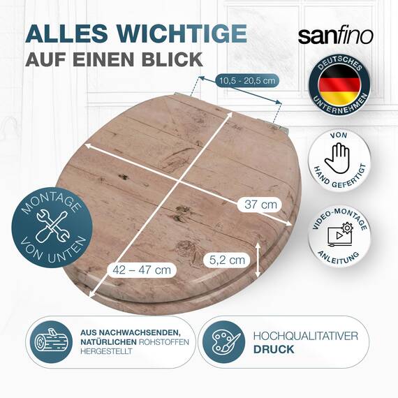 SANFINO® Premium WC Sitz mit Absenkautomatik – hochwertige Toilettendeckel aus Holz, viele bunte Motive, hoher Sitzkomfort, einfache Montage inklusive Montageanleitung – "Light Wood"