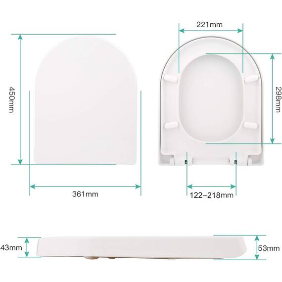 Himimi WC Sitz mit Absenkautomatik, Toilettendeckel D-Form mit Einstellbares Edelstahlscharnier, Klodeckel mit Quick-Release-Funktion und Softclose, Einfache Reinigung, Weiß (450 x 361 x 53 mm)