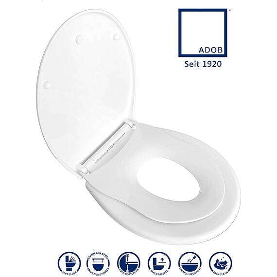 ADOB WC Sitz Familien, Kinder - Klobrille mit Kindersitz (Thermoplast) - Toilettendeckel mit Kindersitz - Mit Absenkautomatik - Kinderleichte Montage - Abnehmbar - Familien WC Deckel
