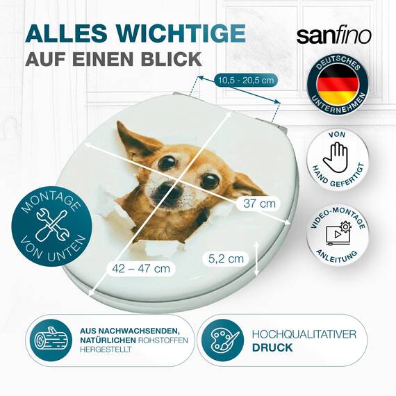 SANFINO® Premium WC Sitz mit Absenkautomatik – hochwertige Toilettendeckel aus Holz, viele bunte Motive, hoher Sitzkomfort, einfache Montage inklusive Montageanleitung – "Chihuahua"