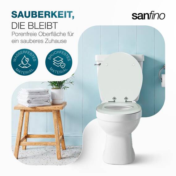 SANFINO® Premium WC Sitz mit Absenkautomatik – hochwertige Toilettendeckel aus Holz, viele bunte Motive, hoher Sitzkomfort, einfache Montage inklusive Montageanleitung – "White"