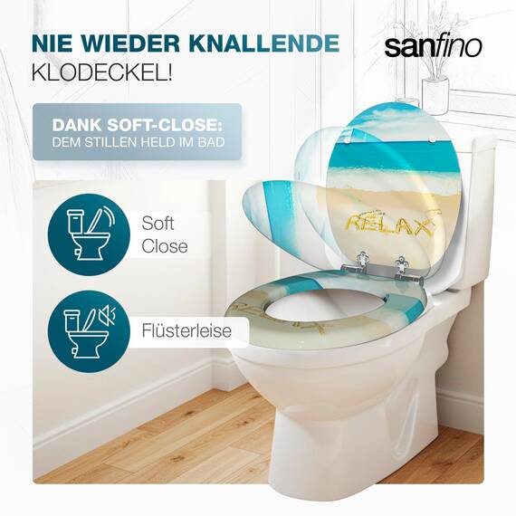 SANFINO® Premium WC Sitz mit Absenkautomatik – hochwertige Toilettendeckel aus Holz, viele bunte Motive, hoher Sitzkomfort, einfache Montage inklusive Montageanleitung – "Take It Easy"