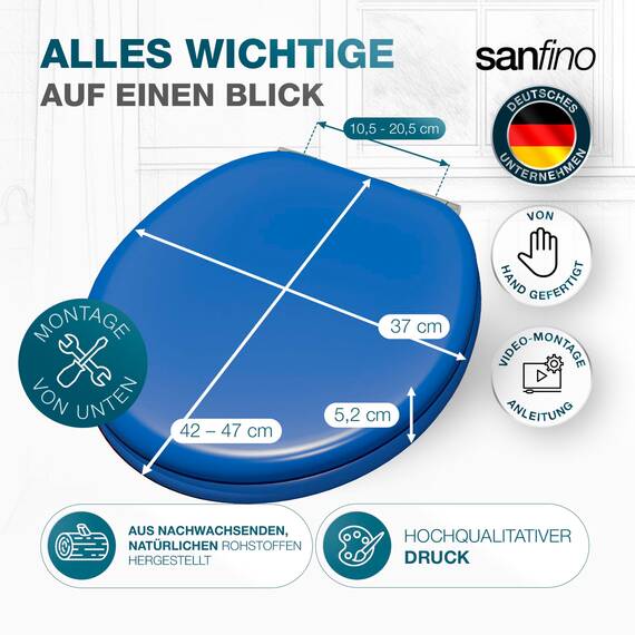 SANFINO® Premium WC Sitz mit Absenkautomatik – hochwertige Toilettendeckel aus Holz, viele bunte Motive, hoher Sitzkomfort, einfache Montage inklusive Montageanleitung – "Deep Blue"