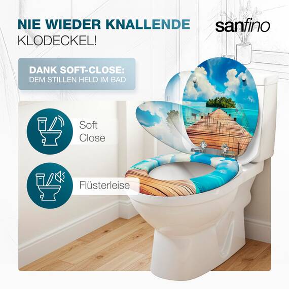 SANFINO® Premium WC Sitz mit Absenkautomatik – hochwertige Toilettendeckel aus Holz, viele bunte Motive, hoher Sitzkomfort, einfache Montage inklusive Montageanleitung – "Island Path"