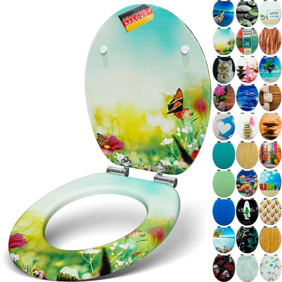 SANFINO® Premium WC Sitz mit Absenkautomatik – hochwertige Toilettendeckel aus Holz, viele bunte Motive, hoher Sitzkomfort, einfache Montage inklusive Montageanleitung – "Butterfy Meadow"