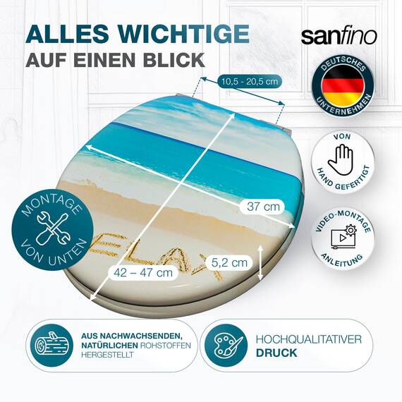 SANFINO® Premium WC Sitz mit Absenkautomatik – hochwertige Toilettendeckel aus Holz, viele bunte Motive, hoher Sitzkomfort, einfache Montage inklusive Montageanleitung – "Take It Easy"