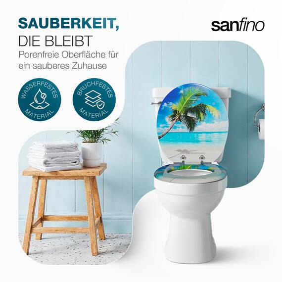 SANFINO® Premium WC Sitz mit Absenkautomatik – hochwertige Toilettendeckel aus Holz, viele bunte Motive, hoher Sitzkomfort, einfache Montage inklusive Montageanleitung – "Palm"