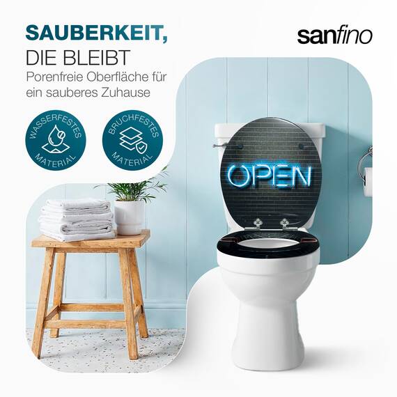 SANFINO® Premium WC Sitz mit Absenkautomatik – hochwertige Toilettendeckel aus Holz, viele bunte Motive, hoher Sitzkomfort, einfache Montage inklusive Montageanleitung – "Open-Closed"