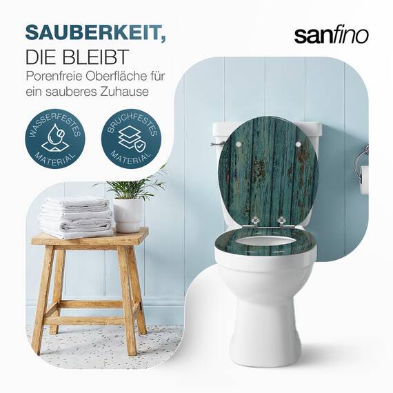 SANFINO® Premium WC Sitz mit Absenkautomatik – hochwertige Toilettendeckel aus Holz, viele bunte Motive, hoher Sitzkomfort, einfache Montage inklusive Montageanleitung – "Shabby Chic"