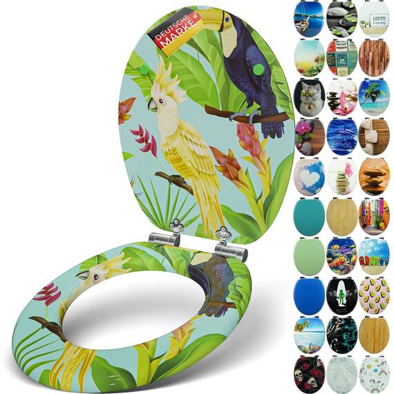 SANFINO® Premium WC Sitz mit Absenkautomatik – hochwertige Toilettendeckel aus Holz, viele bunte Motive, hoher Sitzkomfort, einfache Montage inklusive Montageanleitung – "Tropical Bird"