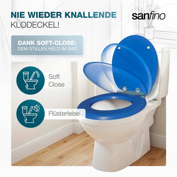 SANFINO® Premium WC Sitz mit Absenkautomatik – hochwertige Toilettendeckel aus Holz, viele bunte Motive, hoher Sitzkomfort, einfache Montage inklusive Montageanleitung – "Deep Blue"