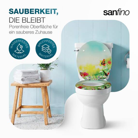 SANFINO® Premium WC Sitz mit Absenkautomatik – hochwertige Toilettendeckel aus Holz, viele bunte Motive, hoher Sitzkomfort, einfache Montage inklusive Montageanleitung – "Butterfy Meadow"