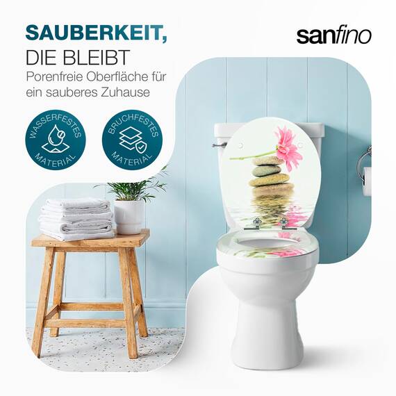 SANFINO® Premium WC Sitz mit Absenkautomatik – hochwertige Toilettendeckel aus Holz, viele bunte Motive, hoher Sitzkomfort, einfache Montage inklusive Montageanleitung – "Gerbera"