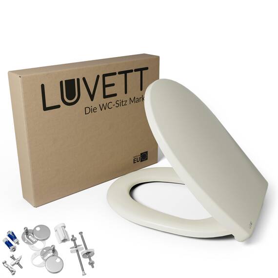 LUVETT® WC-Sitz mit Absenkautomatik C100 oval universell, Toilettendeckel mit 3 Edelstahl Montagelösungen, Klodeckel abnehmbar, Farbe:Pergamon Weiß