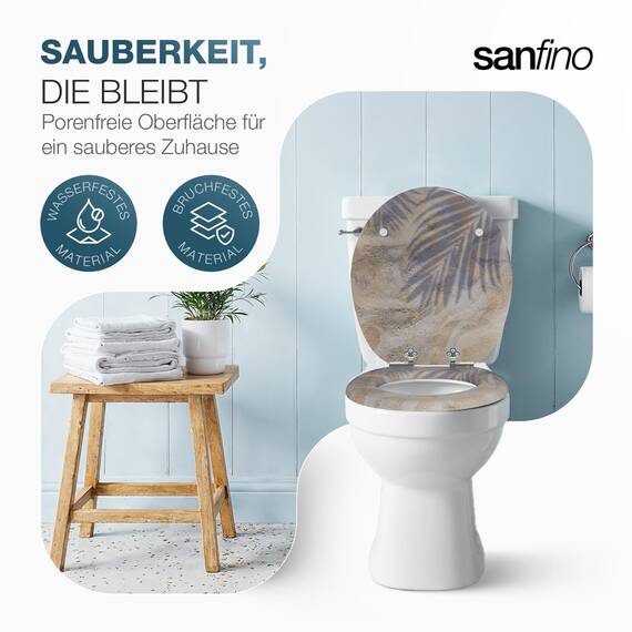 SANFINO® Premium WC Sitz mit Absenkautomatik – hochwertige Toilettendeckel aus Holz, viele bunte Motive, hoher Sitzkomfort, einfache Montage inklusive Montageanleitung – "Sand"