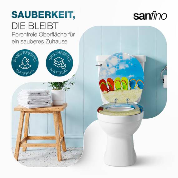 SANFINO® Premium WC Sitz mit Absenkautomatik – hochwertige Toilettendeckel aus Holz, viele bunte Motive, hoher Sitzkomfort, einfache Montage inklusive Montageanleitung – "Flip-Flop"