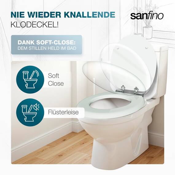 SANFINO® Premium WC Sitz mit Absenkautomatik – hochwertige Toilettendeckel aus Holz, viele bunte Motive, hoher Sitzkomfort, einfache Montage inklusive Montageanleitung – "White"