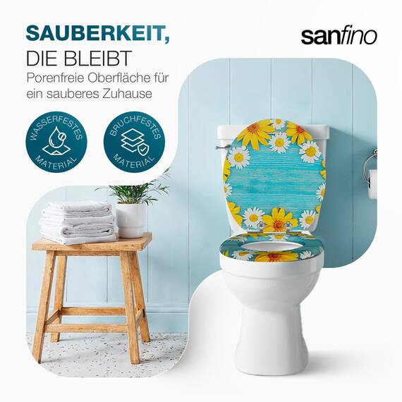 SANFINO® Premium WC Sitz mit Absenkautomatik – hochwertige Toilettendeckel aus Holz, viele bunte Motive, hoher Sitzkomfort, einfache Montage inklusive Montageanleitung – "Daisies"