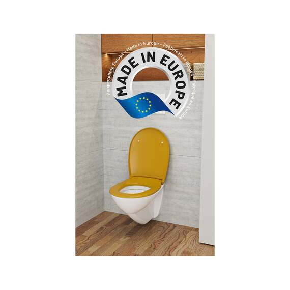 LUVETT® WC-Sitz mit Absenkautomatik C100 oval universell, Toilettendeckel mit 3 Edelstahl Montagelösungen, Klodeckel abnehmbar, Farbe:Curry Gelb