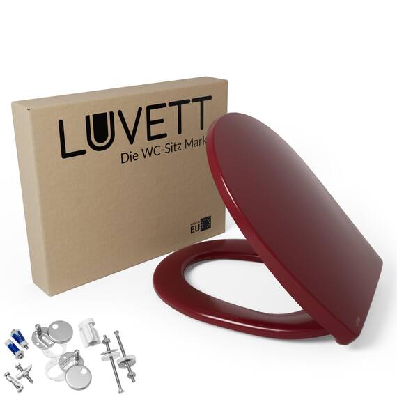 LUVETT® WC-Sitz mit Absenkautomatik C100 oval universell, Toilettendeckel mit 3 Edelstahl Montagelösungen, Klodeckel abnehmbar, Farbe:Bordeaux Rot