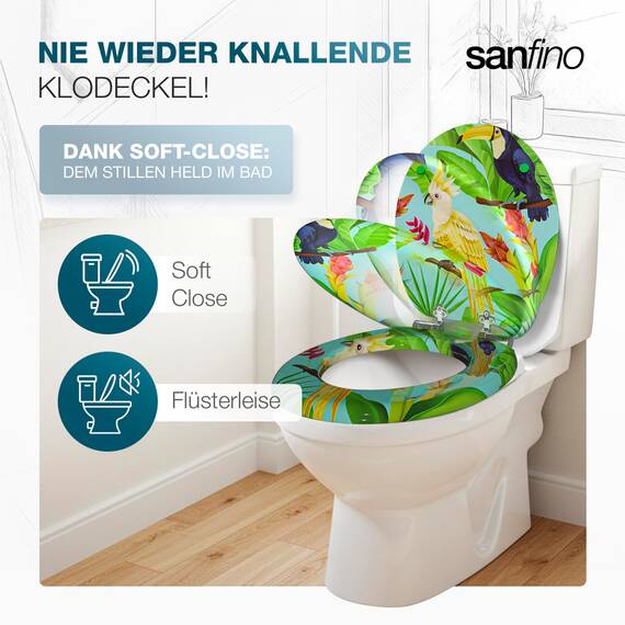 SANFINO® Premium WC Sitz mit Absenkautomatik – hochwertige Toilettendeckel aus Holz, viele bunte Motive, hoher Sitzkomfort, einfache Montage inklusive Montageanleitung – "Tropical Bird"