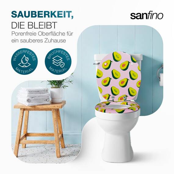SANFINO® Premium WC Sitz mit Absenkautomatik – hochwertige Toilettendeckel aus Holz, viele bunte Motive, hoher Sitzkomfort, einfache Montage inklusive Montageanleitung – "Pink Avocado"