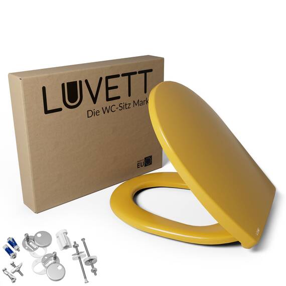 LUVETT® WC-Sitz mit Absenkautomatik C100 oval universell, Toilettendeckel mit 3 Edelstahl Montagelösungen, Klodeckel abnehmbar, Farbe:Curry Gelb