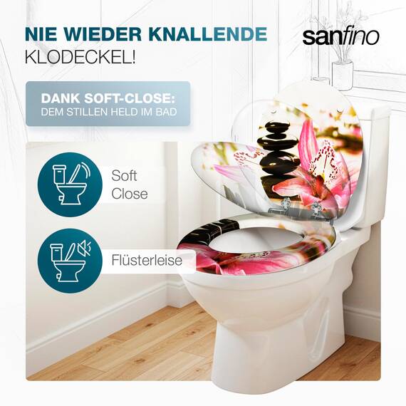 SANFINO® Premium WC Sitz mit Absenkautomatik – hochwertige Toilettendeckel aus Holz, viele bunte Motive, hoher Sitzkomfort, einfache Montage inklusive Montageanleitung – "Pink Flower"