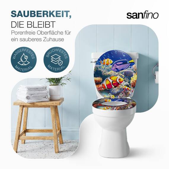 SANFINO® Premium WC Sitz mit Absenkautomatik – hochwertige Toilettendeckel aus Holz, viele bunte Motive, hoher Sitzkomfort, einfache Montage inklusive Montageanleitung – "Nemo"