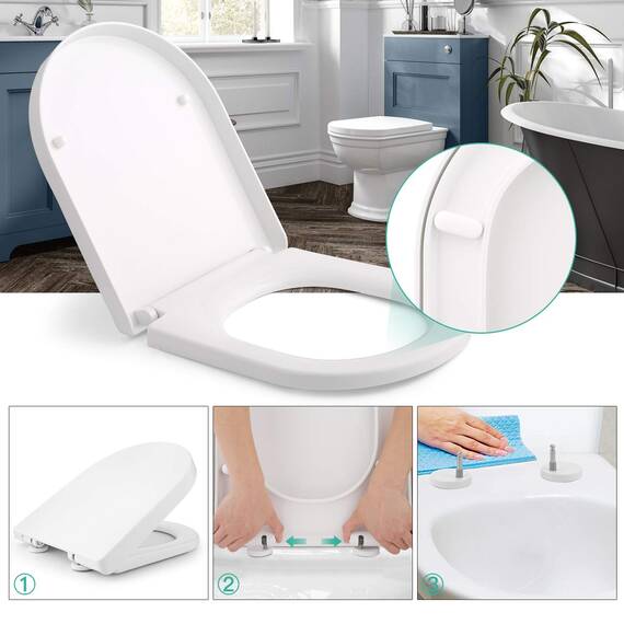 Himimi WC Sitz mit Absenkautomatik, Toilettendeckel D-Form mit Einstellbares Edelstahlscharnier, Klodeckel mit Quick-Release-Funktion und Softclose, Einfache Reinigung, Weiß (450 x 361 x 53 mm)