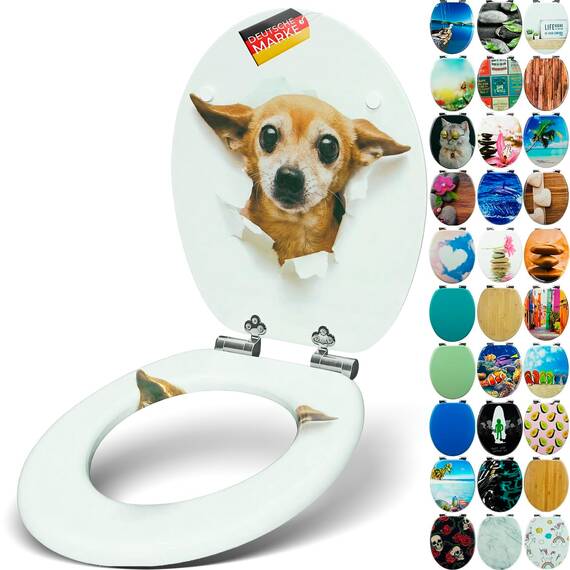SANFINO® Premium WC Sitz mit Absenkautomatik – hochwertige Toilettendeckel aus Holz, viele bunte Motive, hoher Sitzkomfort, einfache Montage inklusive Montageanleitung – "Chihuahua"