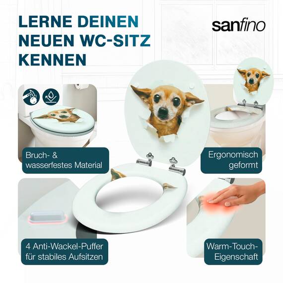 SANFINO® Premium WC Sitz mit Absenkautomatik – hochwertige Toilettendeckel aus Holz, viele bunte Motive, hoher Sitzkomfort, einfache Montage inklusive Montageanleitung – "Chihuahua"