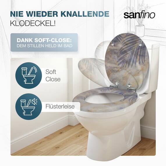 SANFINO® Premium WC Sitz mit Absenkautomatik – hochwertige Toilettendeckel aus Holz, viele bunte Motive, hoher Sitzkomfort, einfache Montage inklusive Montageanleitung – "Sand"