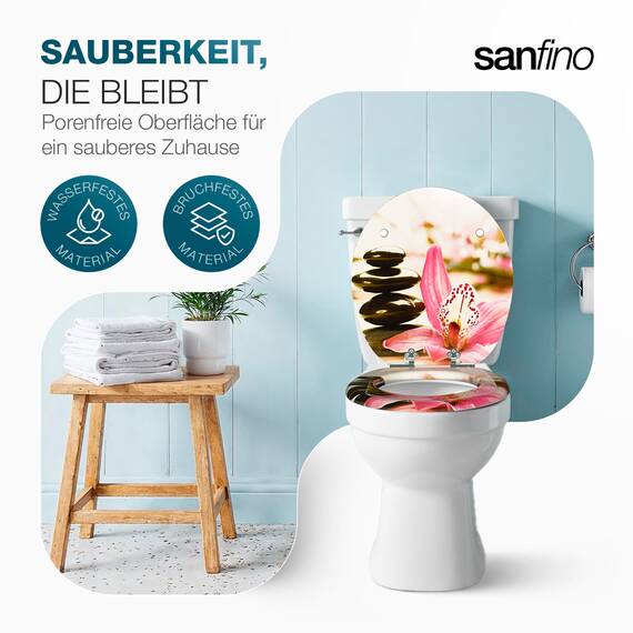 SANFINO® Premium WC Sitz mit Absenkautomatik – hochwertige Toilettendeckel aus Holz, viele bunte Motive, hoher Sitzkomfort, einfache Montage inklusive Montageanleitung – "Pink Flower"