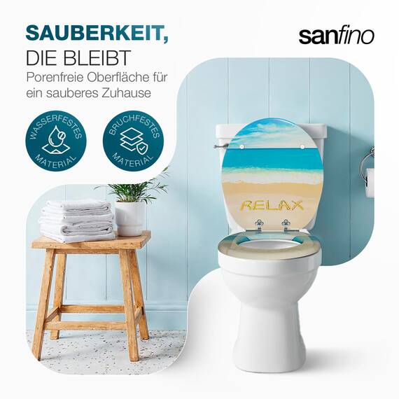 SANFINO® Premium WC Sitz mit Absenkautomatik – hochwertige Toilettendeckel aus Holz, viele bunte Motive, hoher Sitzkomfort, einfache Montage inklusive Montageanleitung – "Take It Easy"
