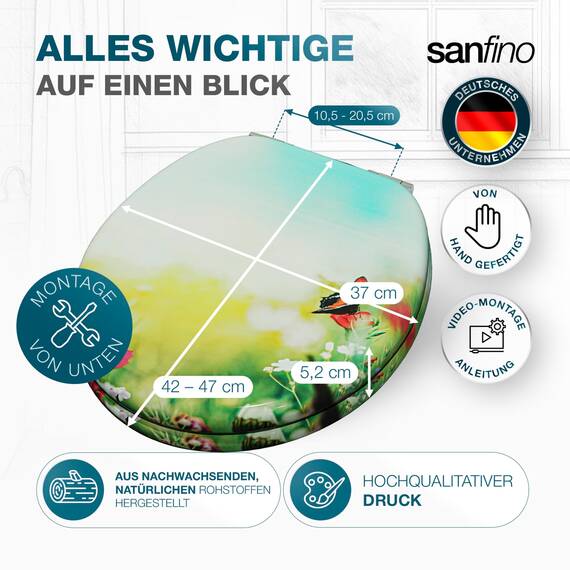 SANFINO® Premium WC Sitz mit Absenkautomatik – hochwertige Toilettendeckel aus Holz, viele bunte Motive, hoher Sitzkomfort, einfache Montage inklusive Montageanleitung – "Butterfy Meadow"