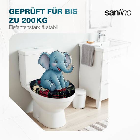 SANFINO® Premium WC Sitz mit Absenkautomatik – hochwertige Toilettendeckel aus Holz, viele bunte Motive, hoher Sitzkomfort, einfache Montage inklusive Montageanleitung – "Rose Skull"
