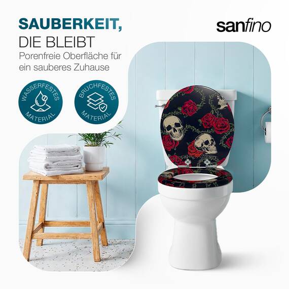 SANFINO® Premium WC Sitz mit Absenkautomatik – hochwertige Toilettendeckel aus Holz, viele bunte Motive, hoher Sitzkomfort, einfache Montage inklusive Montageanleitung – "Rose Skull"