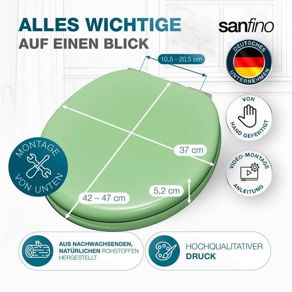 SANFINO® Premium WC Sitz mit Absenkautomatik – hochwertige Toilettendeckel aus Holz, viele bunte Motive, hoher Sitzkomfort, einfache Montage inklusive Montageanleitung – "Mint Green"