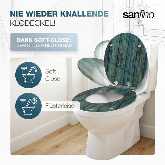 SANFINO® Premium WC Sitz mit Absenkautomatik – hochwertige Toilettendeckel aus Holz, viele bunte Motive, hoher Sitzkomfort, einfache Montage inklusive Montageanleitung – "Shabby Chic"