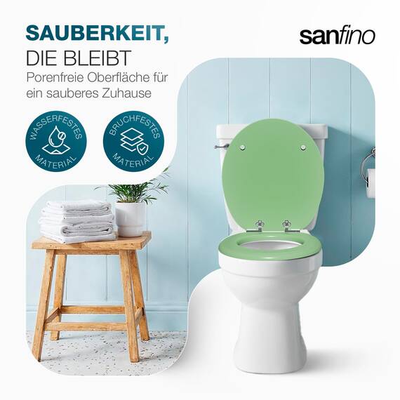 SANFINO® Premium WC Sitz mit Absenkautomatik – hochwertige Toilettendeckel aus Holz, viele bunte Motive, hoher Sitzkomfort, einfache Montage inklusive Montageanleitung – "Mint Green"