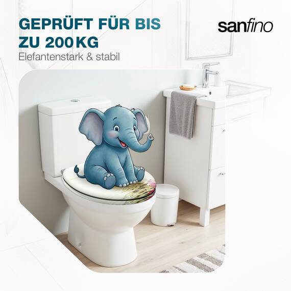SANFINO® Premium WC Sitz mit Absenkautomatik – hochwertige Toilettendeckel aus Holz, viele bunte Motive, hoher Sitzkomfort, einfache Montage inklusive Montageanleitung – "Gerbera"