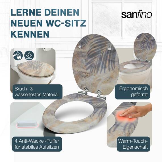 SANFINO® Premium WC Sitz mit Absenkautomatik – hochwertige Toilettendeckel aus Holz, viele bunte Motive, hoher Sitzkomfort, einfache Montage inklusive Montageanleitung – "Sand"