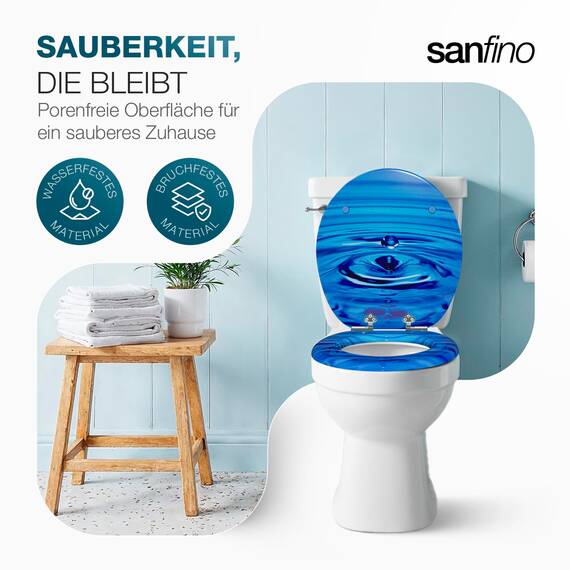 SANFINO® Premium WC Sitz mit Absenkautomatik – hochwertige Toilettendeckel aus Holz, viele bunte Motive, hoher Sitzkomfort, einfache Montage inklusive Montageanleitung – "Waterdrop"