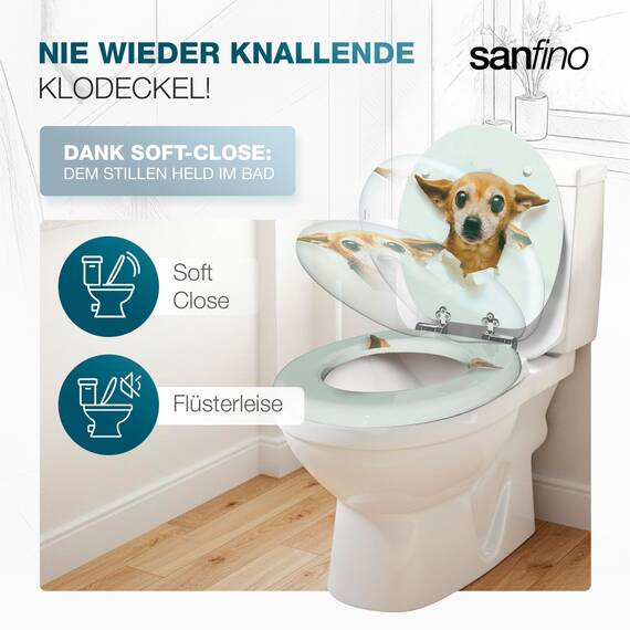 SANFINO® Premium WC Sitz mit Absenkautomatik – hochwertige Toilettendeckel aus Holz, viele bunte Motive, hoher Sitzkomfort, einfache Montage inklusive Montageanleitung – "Chihuahua"