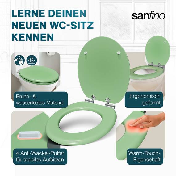 SANFINO® Premium WC Sitz mit Absenkautomatik – hochwertige Toilettendeckel aus Holz, viele bunte Motive, hoher Sitzkomfort, einfache Montage inklusive Montageanleitung – "Mint Green"