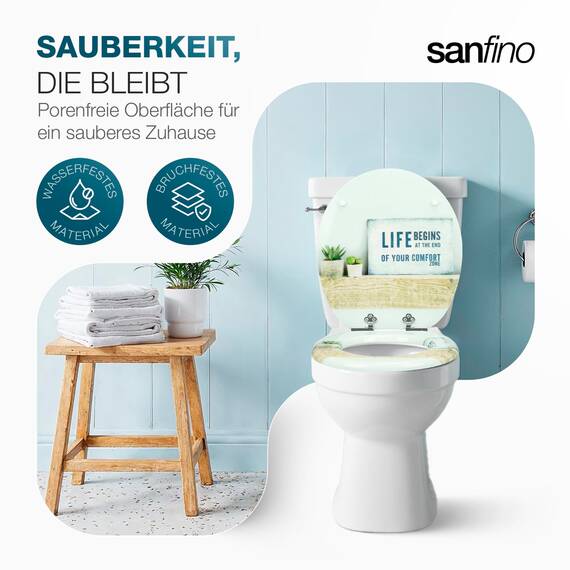 SANFINO® Premium WC Sitz mit Absenkautomatik – hochwertige Toilettendeckel aus Holz, viele bunte Motive, hoher Sitzkomfort, einfache Montage inklusive Montageanleitung – "Life"